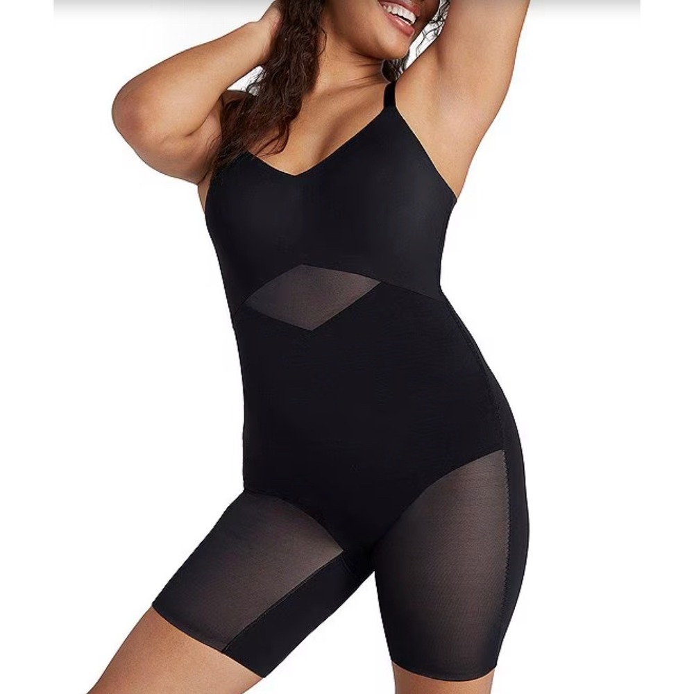 Honeylove Mid-Thigh Bodysuit XL Black Shapewear Built In Bra TPBS00010